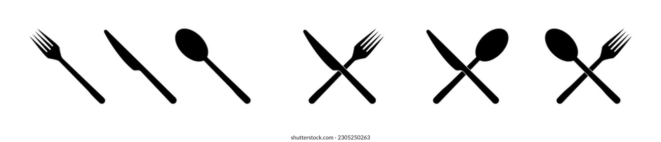 Juego de iconos de vectores de cubiertos. Silhouette de cubiertos. Horquilla, cuchara y cuchillo. Vector 10 Eps.