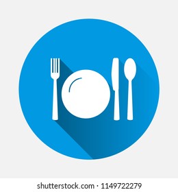 Cutlery vector icon. Symbol of a cafe, restaurant. Fork, knife, plate and spoon with a flat shadow.  Layers grouped for easy editing illustration. For your design.
