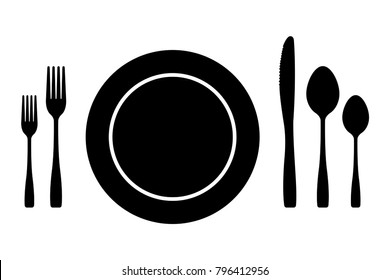 cutlery vector icons set of black silhouettes. fork knife plate and spoons isolated on a white background