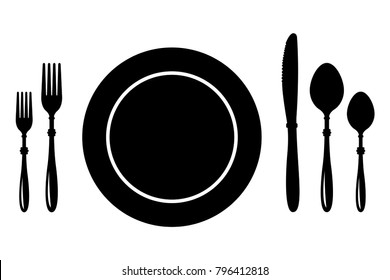 cutlery vector icons set of silhouettes. fork knife plate and spoon isolated
