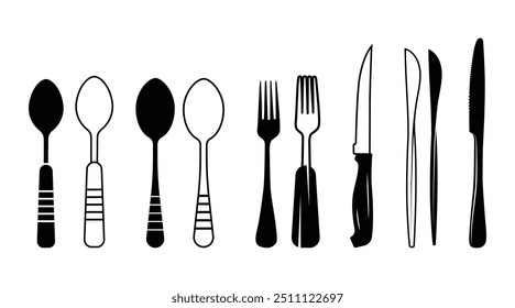 Cutlery Vetor Ilustração Melhor Coleção Com Cor Preto Fundo Branco. Novo conjunto de coleção de vetor de talheres de faca, Contorno de clip-art e conjunto de silhueta, Clip-art de colher mínimo isolado.