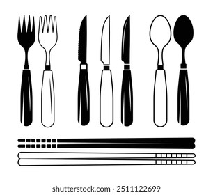 Cutlery Vetor Ilustração Melhor Coleção Com Cor Preto Fundo Branco. Novo conjunto de coleção de vetor de talheres de faca, Contorno de clip-art e conjunto de silhueta, Clip-art de colher mínimo isolado.