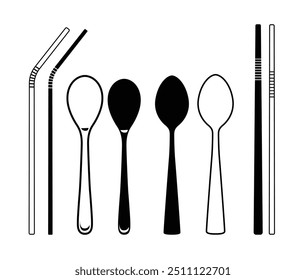 Cutlery Vetor Ilustração Melhor Coleção Com Cor Preto Fundo Branco. Novo conjunto de coleção de vetor de talheres de faca, Contorno de clip-art e conjunto de silhueta, Clip-art de colher mínimo isolado.