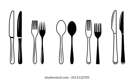 Cutlery Vetor Ilustração Melhor Coleção Com Cor Preto Fundo Branco. Novo conjunto de coleção de vetor de talheres de faca, Contorno de clip-art e conjunto de silhueta, Clip-art de colher mínimo isolado.