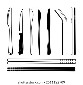 Cutlery Vetor Ilustração Melhor Coleção Com Cor Preto Fundo Branco. Novo conjunto de coleção de vetor de talheres de faca, Contorno de clip-art e conjunto de silhueta, Clip-art de colher mínimo isolado.