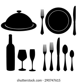 Cutlery vector set with black silhouette of wine bottle, wine glass, champagne glass, closed tray, plate, fork, knife and spoon.