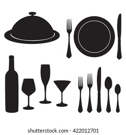 Cutlery vector set with black silhouette of wine bottle, wine glass, champagne and cocktail glasses, closed tray, plate, fork, knife and spoon.