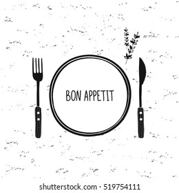 Cutlery vector set. Plate, fork and knife icon. Restaurant cafe design. Bon appetit. Doodle sketch tableware, dishes, dinnerware, utensils. Black and white hand drawn vector illustration. Isolated