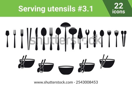 Cutlery vector set: sugar spoon, two-pronged fork, dessert fork knife, spoon, chopsticks, tablespoon, soup gravy ladle, spatula, salad vegetable fork, oyster knife, sugar tongs. Salad set. Filled icon