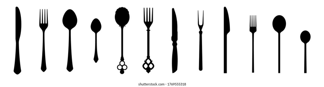 Cutlery vector silhouettes, a set of vintage and modern knives, spoons and forks. 12 items isolated on white.