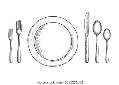 cutlery vector sketch set. spoon fork and knife near the plate. table setting