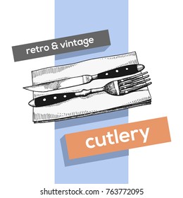 Cutlery vector vintage sketch. fork and knife hand drawing isolated