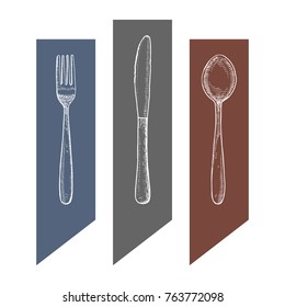 Cutlery vector vintage sketch. fork knife and spoon hand drawing isolated
