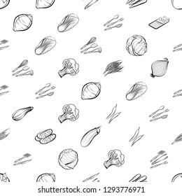 Cutlery and Vegetables set. Background for printing, design, web. Usable as icons. Seamless. Monochrome binary, black and white.