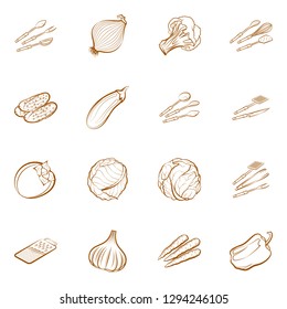 Cutlery and Vegetables set. Background for printing, design, web. Usable as icons. Binary color.