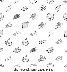 Cutlery and Vegetables set. Background for printing, design, web. Usable as icons. Seamless. Monochrome binary, black and white.