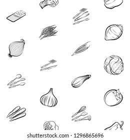 Cutlery and Vegetables set. Background for printing, design, web. Usable as icons. Seamless. Monochrome binary, black and white.