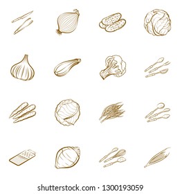 Cutlery and Vegetables set. Background for printing, design, web. Usable as icons. Binary color.