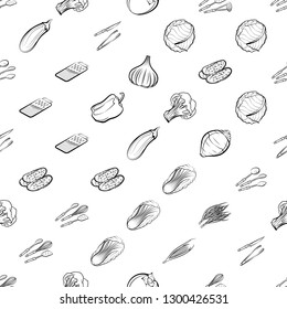 Cutlery and Vegetables set. Background for printing, design, web. Usable as icons. Seamless. Monochrome binary, black and white.