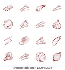 Cutlery and Vegetables set. Background for printing, design, web. Usable as icons. Binary color.