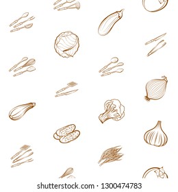 Cutlery and Vegetables set. Background for printing, design, web. Usable as icons. Seamless. Binary color.