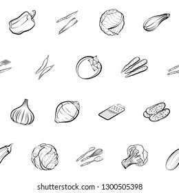 Cutlery and Vegetables set. Background for printing, design, web. Usable as icons. Seamless. Monochrome binary, black and white.