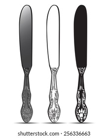 Cutlery, vintage silver knife. Vector illustration.