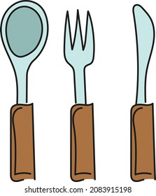 Cutlery with a wooden handle: spoon, fork, knife. Vector illustration isolated on white background.
