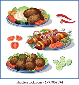 
Cutlets, shashlik, meatballs. A set of vector pictures for your design.