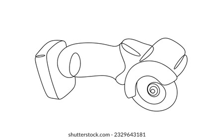 Cut-off grinder. A power tool that is designed to process metal, wood, stone and other materials by cutting, grinding or polishing them. Day of builder. One line drawing for different uses. Vector.