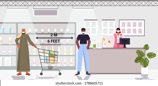 cutomers in protective masks standing at cash desk keeping distance to prevent coronavirus social distancing concept groceries store interior horizontal full length vector illustration