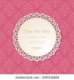 Cutout 3D circular lacy figure frame with shadow on pink ornate background. Wedding invitation, greeting card or baby shower design template. Vector illustration.