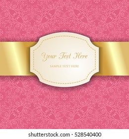 Cutout 3D figure frame with golden satin ribbon on pink ornate background. Invitation or greeting card design template. Vector illustration.