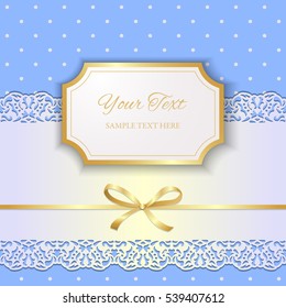 Cutout 3D figure frame with lacy ribbon on blue dotted background. Invitation or greeting card design template. Vector illustration.
