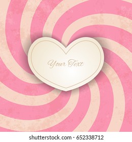 Cutout 3D heart shaped frame with shadow on pink swirling retro background. Vintage invitation, Valentine's day greeting card design template. Paper cut heart. Vector illustration