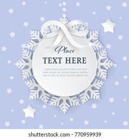 Cutout 3D paper circle frame label with silver satin bow and snowflakes on the light purple background with stars. Invitation, greeting card or baby shower template. Clean and minimal design. Vector. 