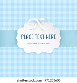 Cutout 3D paper figure frame label with silver satin bow and light blue ribbon on the checkered tile seamless pattern. Invitation, greeting card or baby shower template. Clean and minimal. Vector.