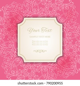Cutout 3D vintage figure frame with shadow on pink ornate background. Invitation, greeting card or baby shower design template. Vector illustration