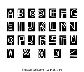 Cut-out alphabet, printmaking lino-cut vector elements on background. Minimalism style