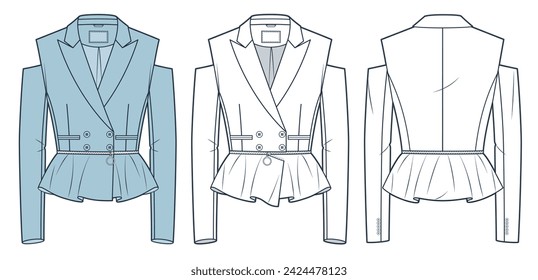 Cutout Blazer technical fashion illustration. Cropped Jacket with zipped peplum fashion flat technical drawing template, double breasted, fitted, front and back view, white, blue, women CAD mockup set