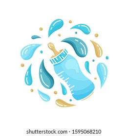 Cutout blue illustration poster of baby bottle with pacifier. Cartoon milk bottle with flying spray. Round flat template for newborn feeding, motherhood, childen's goods. Hand drawn vector concept