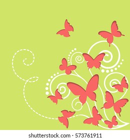 Cutout butterflies and plants spring background. Vector illustration