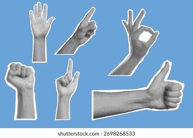 Cutout collage design of grayscale hand gestures on blue background showing thumbs up, ok sign, fist, pointing, and open palm, modern creative pop art style illustration
