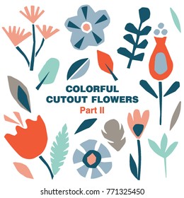 Cutout colorful flowers and floral elements set. Scandinavian geometric abstract plant silhouettes. Minimalistic simple collection