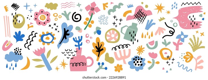 Cutout contemporary flowers and shapes collection. Floral and abstract elements, leaves, spring art print with botanical icons in minimal simple folk style on white background, Vector illustration