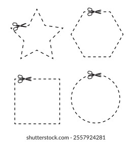 Cutout coupon set. Star, circle, hexagon shapes. Dashed lines scissors. Simple vector illustration.