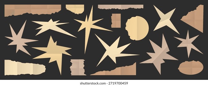 Conjunto de Formas de papel artesanal de recorte aisladas sobre fondo negro. Vector ilustración realista de chispas de cartón abstracto, tiras, círculos con bordes desiguales, burbujas de discurso para collage, pegatinas retro