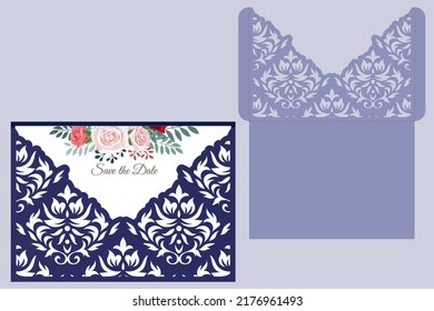 Cutout Damask Wedding invitation pocket envelope Laser cut template, vector.