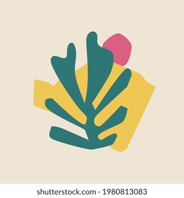 Cutout desert plant. Trendy Matisse inspired style. Retro, vintage. Contemporary paper cut outs form. Summer concept. Vector hand drawn artwork. Blue, pink, red, beige, green, yellow bright color