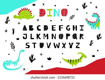 Cutout dino type. Sans serif font in hand-drawn kids style. Cute letters and dinosaur stickers for your design. Vector illustration